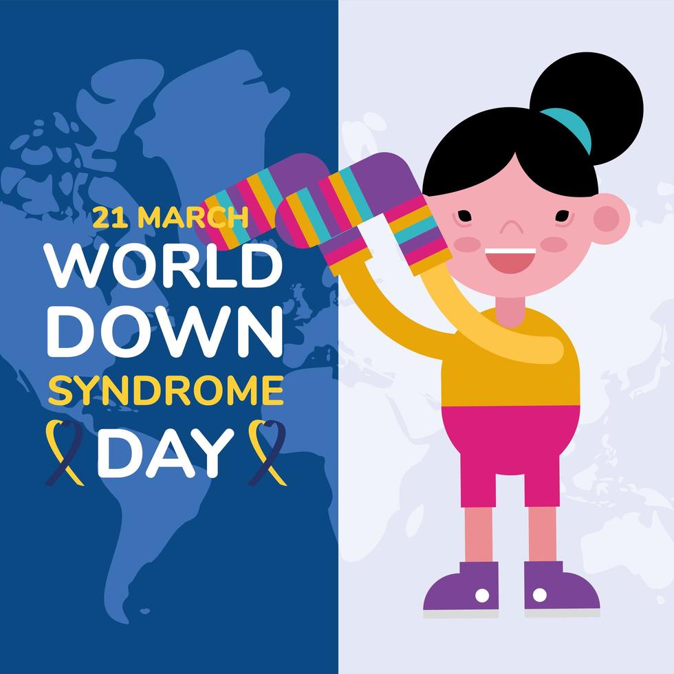 World Down Sindrome Day Kampagnenplakat mit kleinen Mädchen- und Sockenfarben vektor