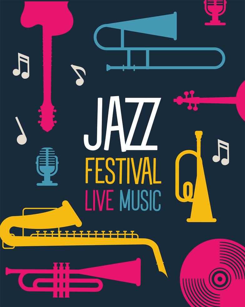 Jazzfestivalplakat mit Instrumenten und Schriftzug vektor