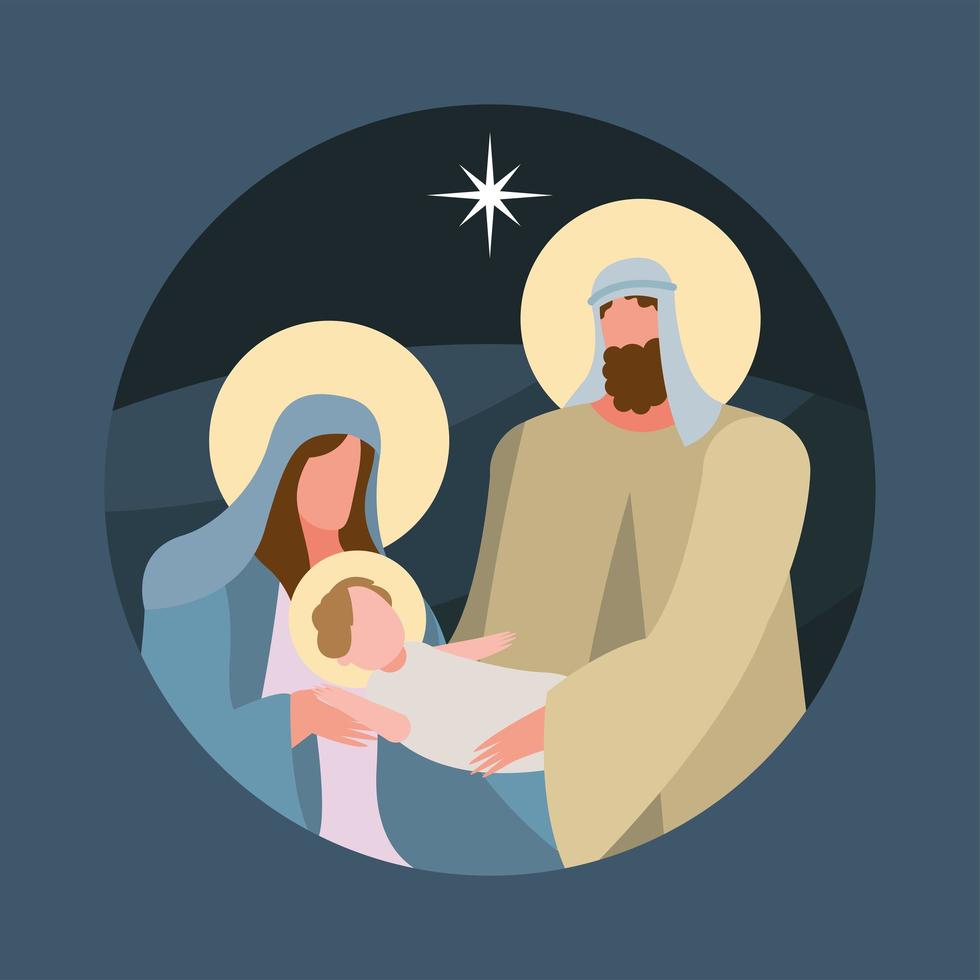frohe frohe weihnachtskarte mit heiliger familienszene vektor