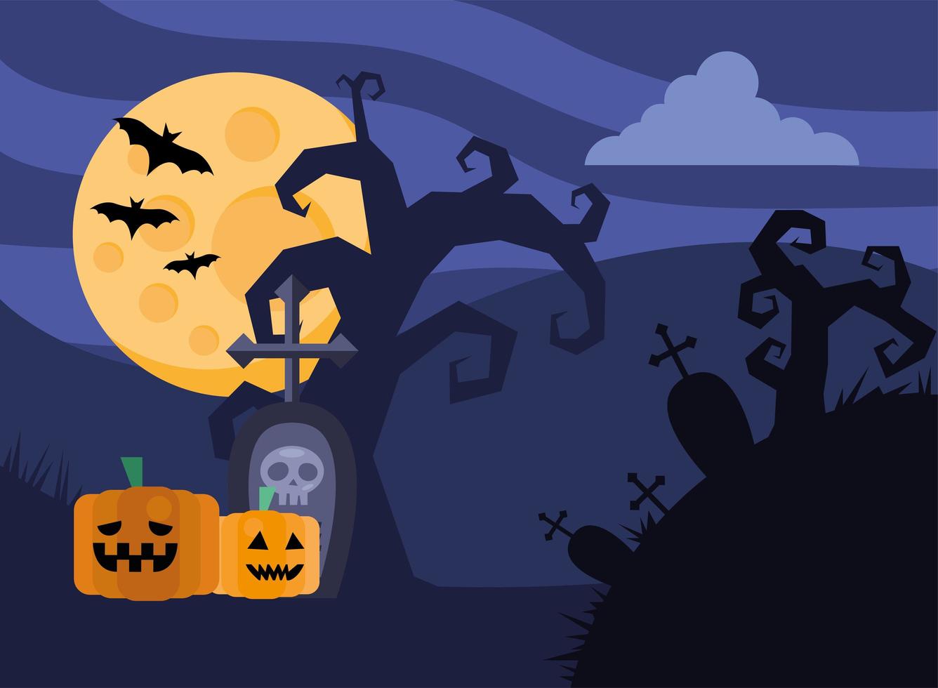Happy Halloween-Karte mit Kürbissen und Baum in der Nacht vektor