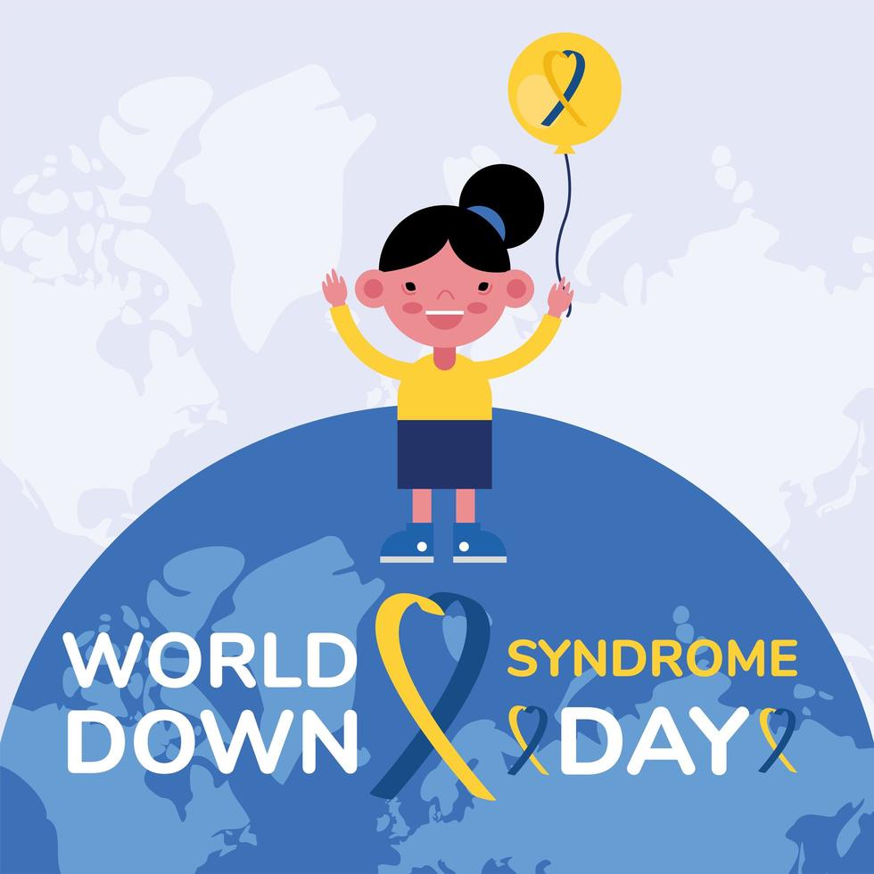 World Down Sindrome Day Kampagnenplakat mit kleinem Mädchen und Ballonhelium auf dem Erdplaneten vektor