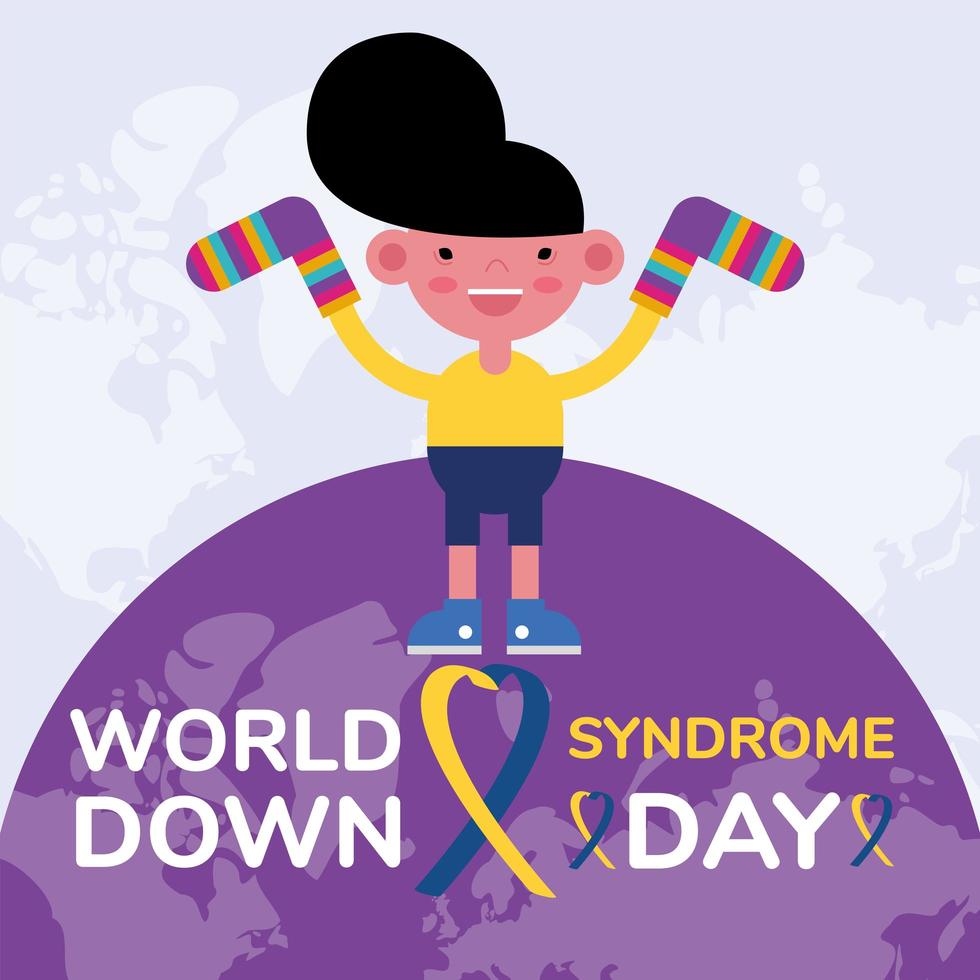 World Down Sindrome Day-kampanjaffisch med liten pojke som lyfter strumpor på jorden vektor