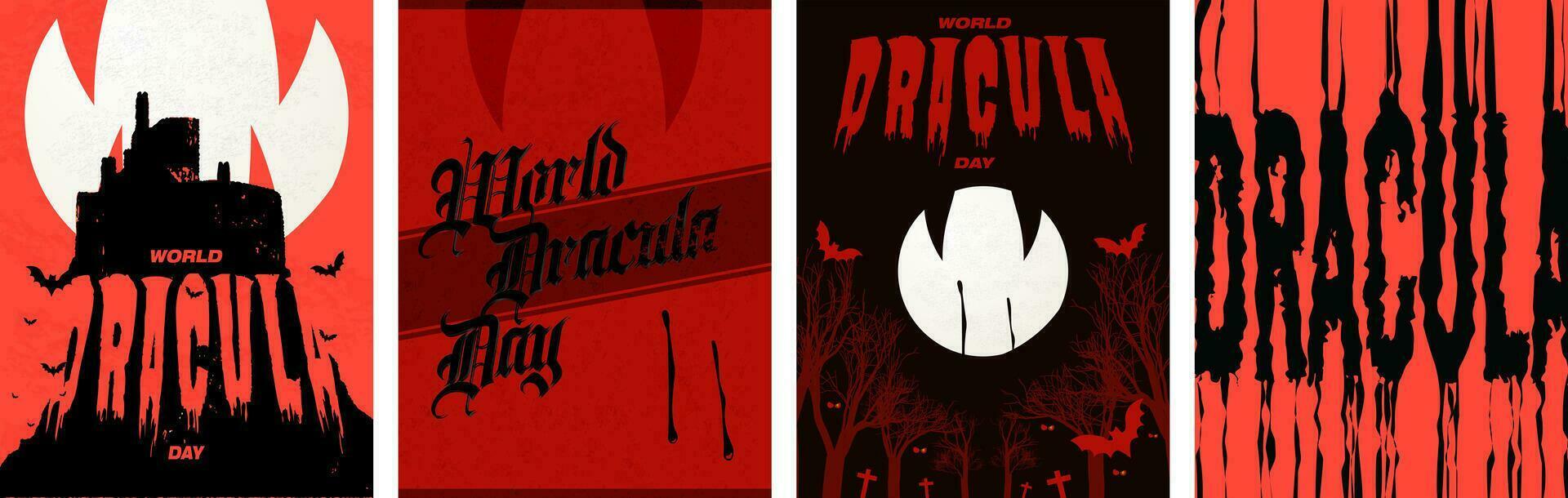 Welt Dracula Tag Poster Satz. minimalistisch Vampir beißen mit tropft Blut, Dracula typografisch Design, Silhouette von Draculas Schloss und Mond mit Vampir Reißzähne. Vektor Illustration.