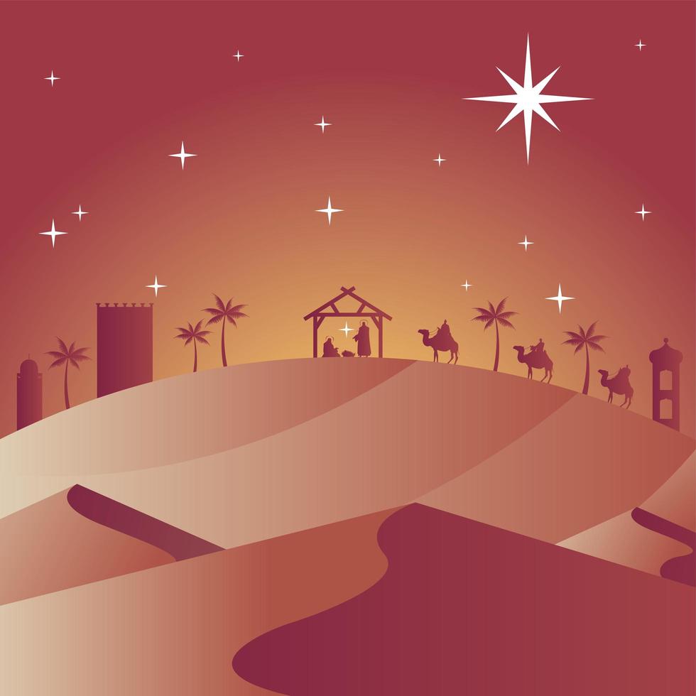 Frohe Weihnachtskarte mit heiliger Familie im Stall und magische Könige in Kamelsilhouetten vektor