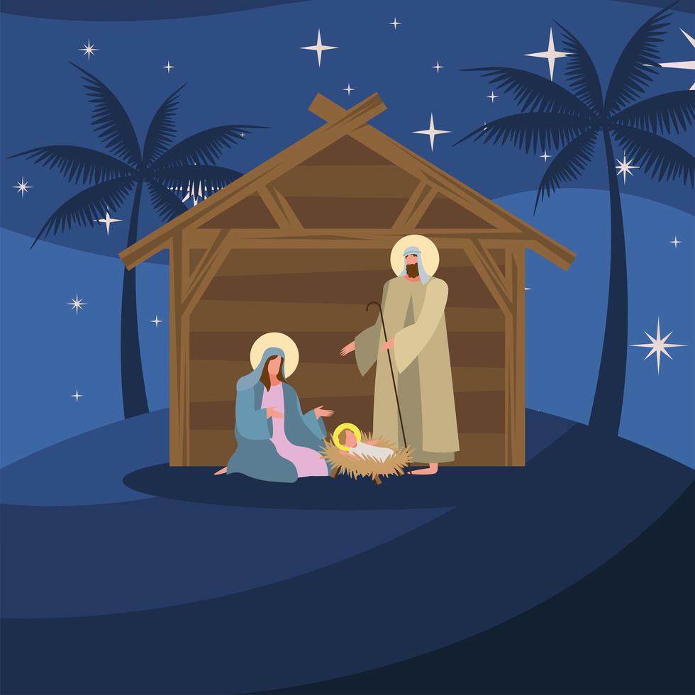 frohe frohe weihnachtskarte mit heiliger familie im stall vektor