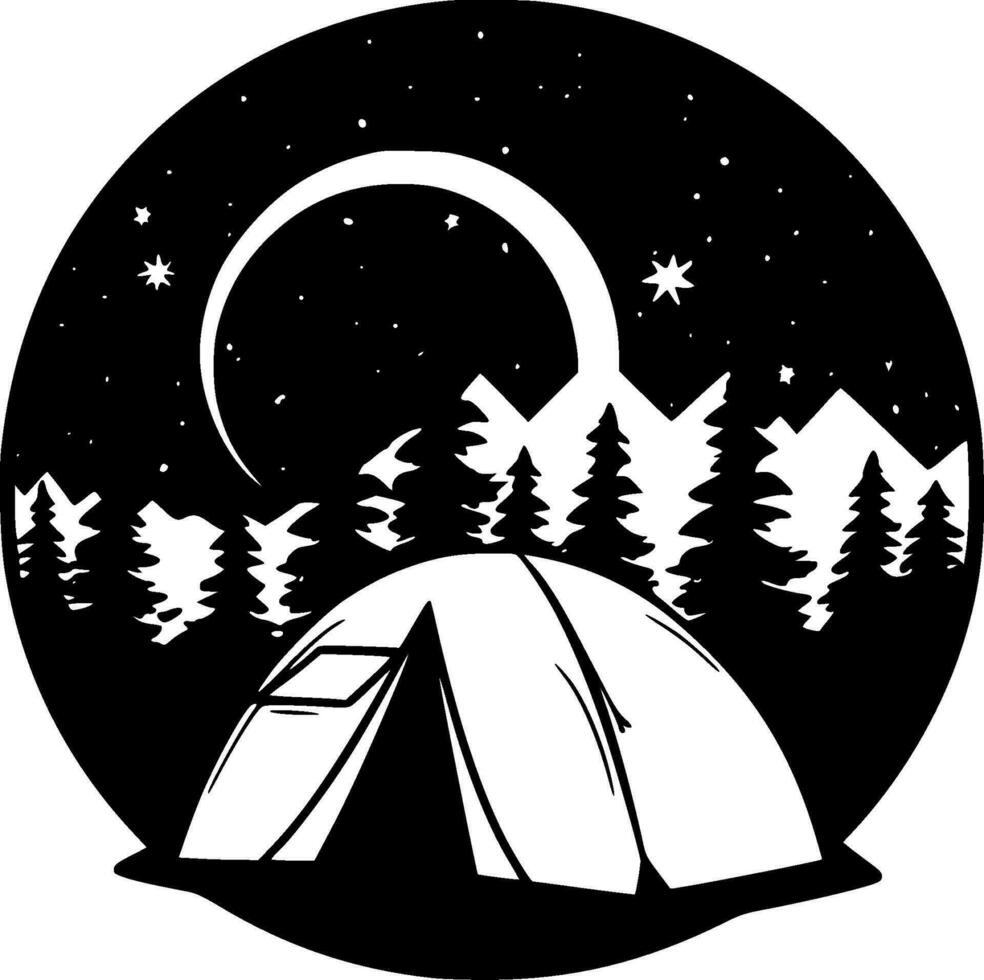 camping - svart och vit isolerat ikon - vektor illustration