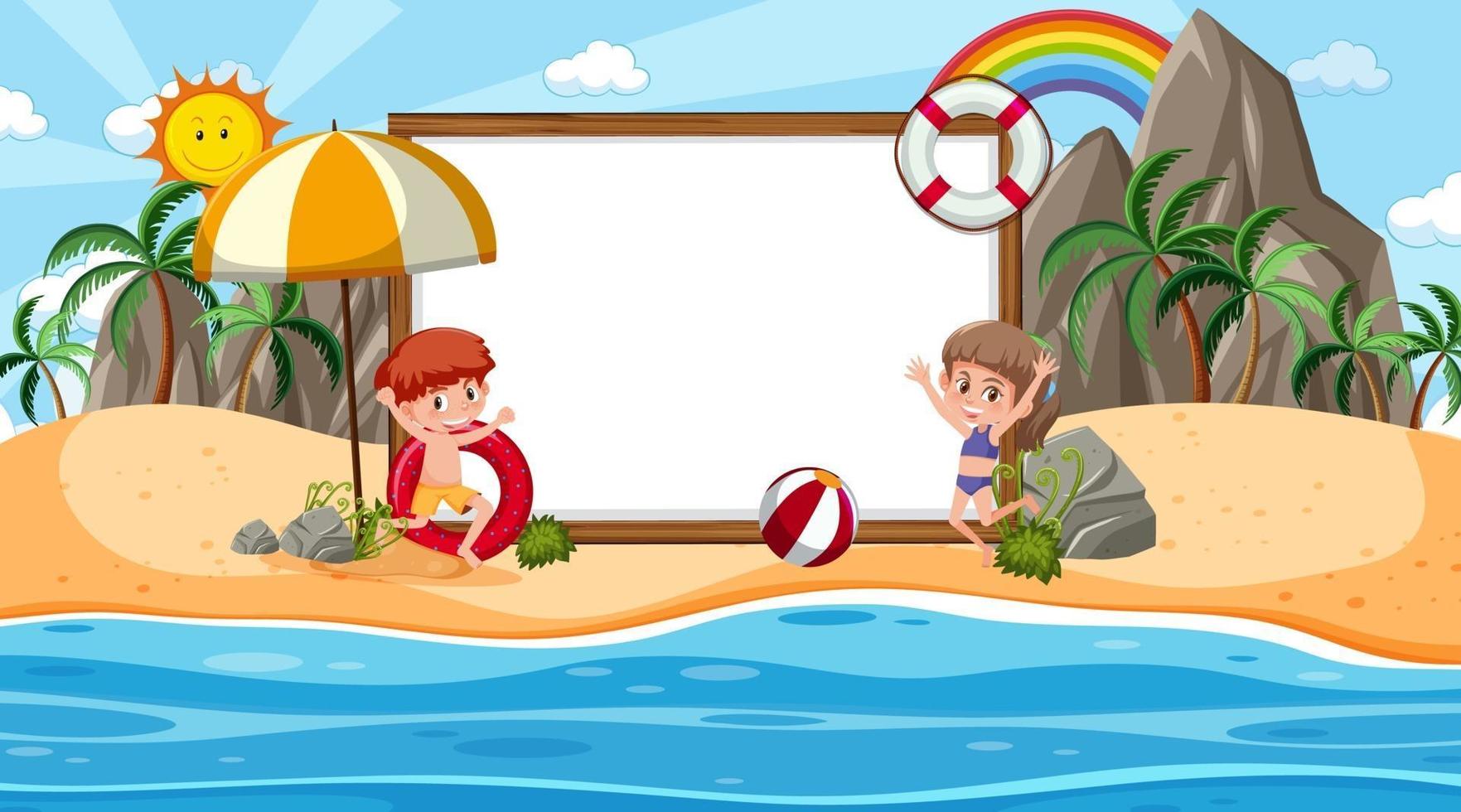 barn på semester på stranden dagtid scen med en tom banner mall vektor