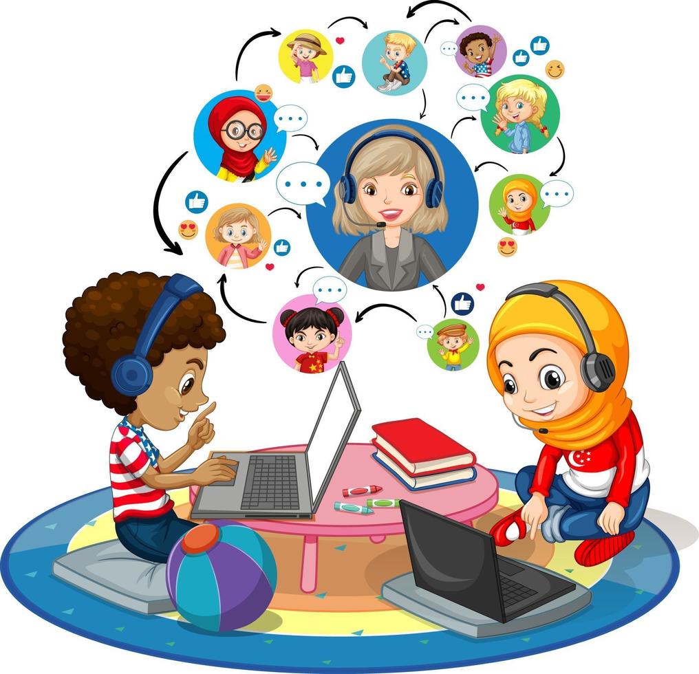 Seitenansicht von Kindern, die Laptop für die Kommunikation von Videokonferenzen mit Lehrer und Freunden auf weißem Hintergrund verwenden vektor