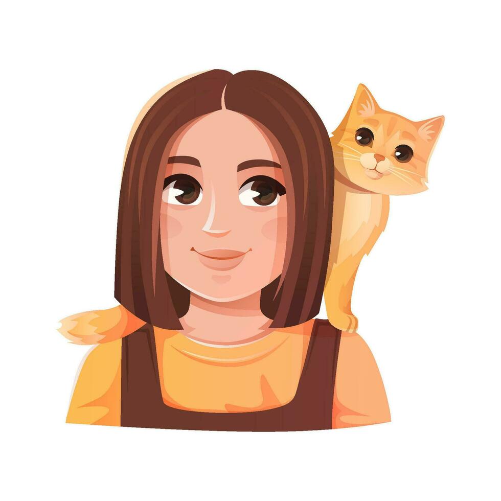 flicka med en katt på henne axlar. tecknad serie vektor illustration
