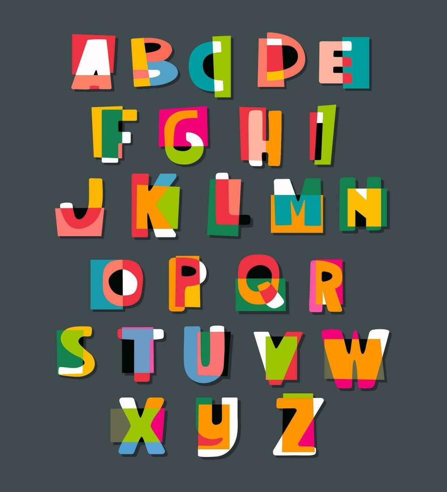 alfabet i papper stil lösen vektor brev. platt färgrik anonym notera font. latin brev rolig symboler. barnslig hand dragen brev. skära ut brev.
