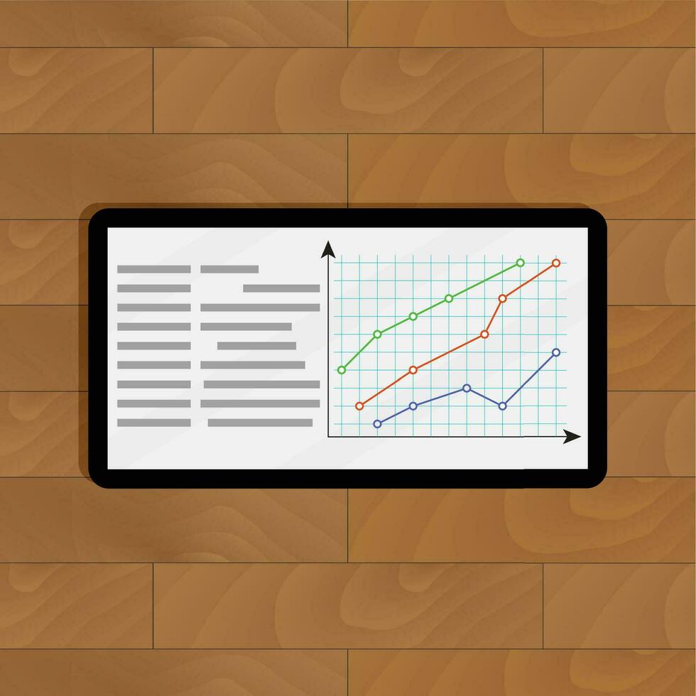 Tablette mit Kurve Grafik. Diagramm und Infodiagramm, Bericht und Graph, Vektor Illustration