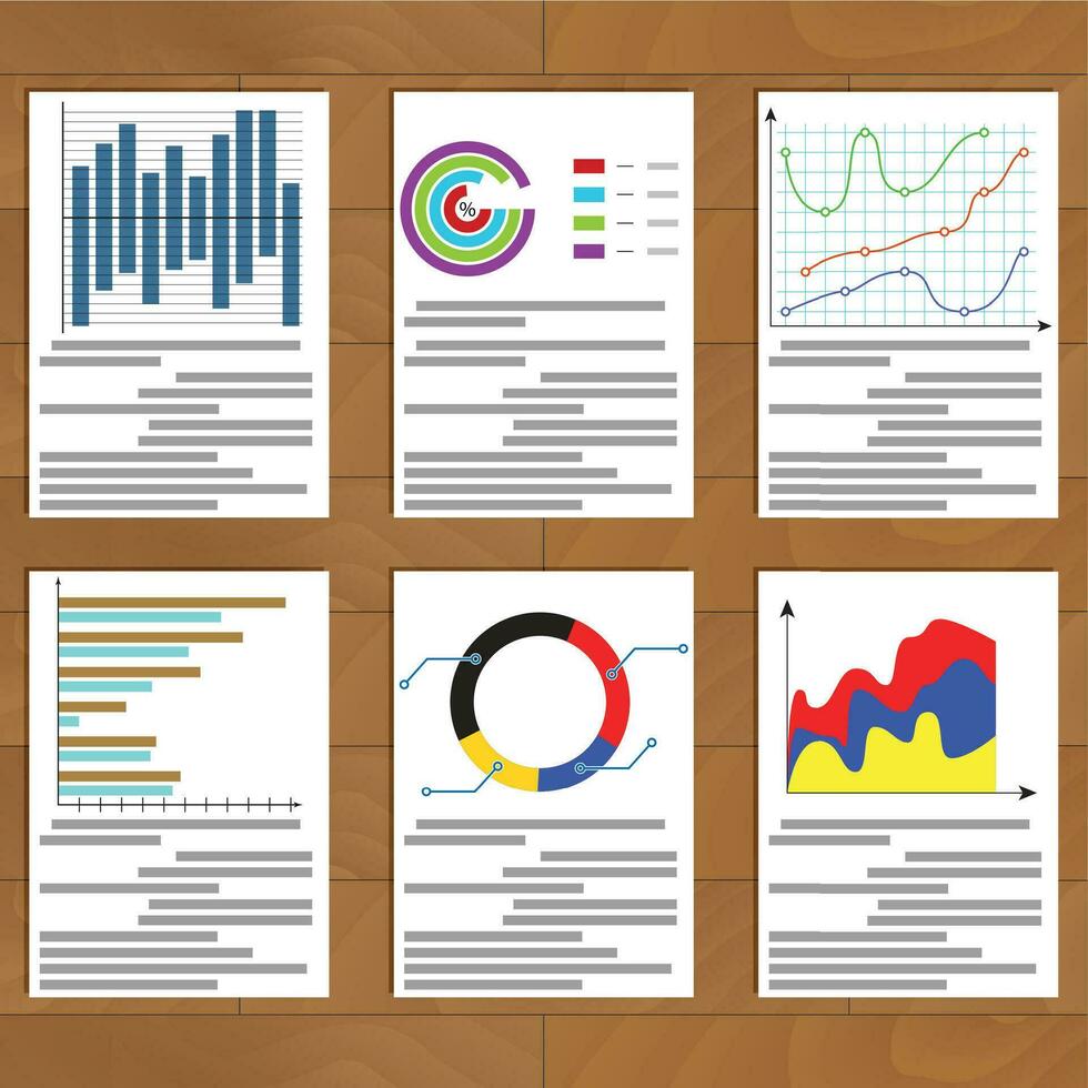 uppsättning av diagram dokumentera. ekonomisk statistik och utveckling Graf företag, vektor illustration