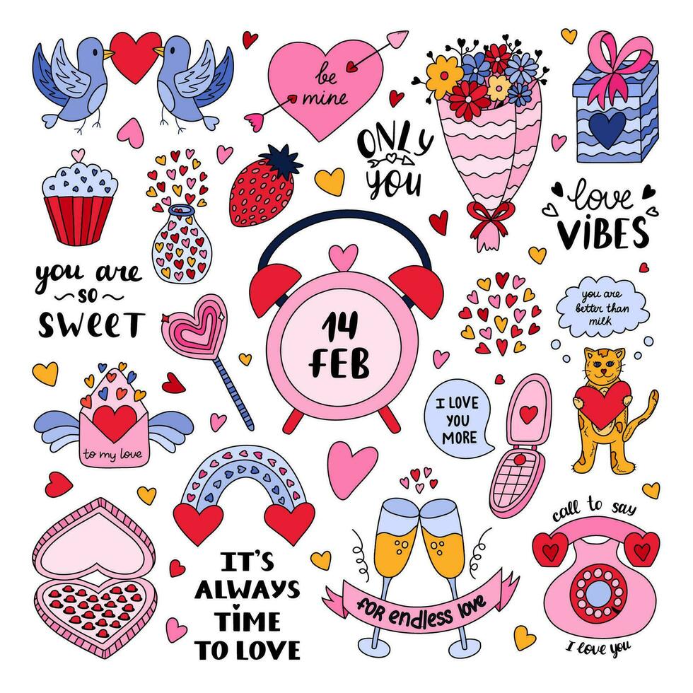 stor ClipArt och text uppsättning för st. hjärtans dag. valentine hand dragen isolerat vektor. Semester, kärlek, roman begrepp. kärlek brev, fågel, gåva, ljuv, champagne, telefon, regnbåge, klocka, blomma. vektor