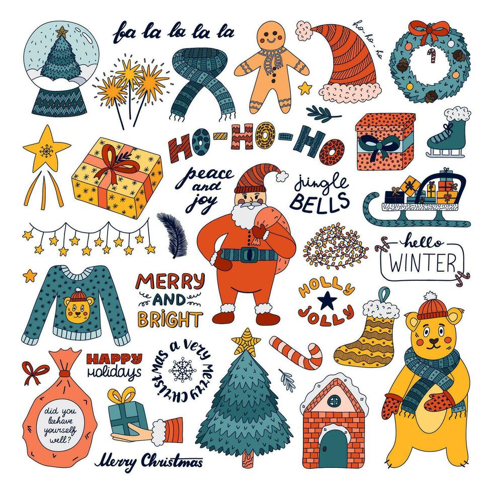 stor ClipArt och text uppsättning för jul, ny år. hand dragen isolerat vektor. gran träd, santa claus, söt Björn, vinter- kläder, Semester ljuv, lampor, släde, gåva, väska, pepparkaka, snöig hus vektor