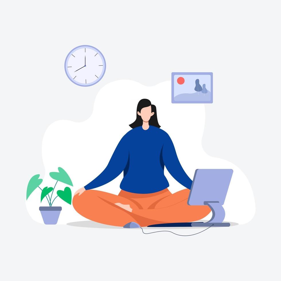 mental hälsa dag illustration koncept, yuga sinne dator, starta om din arbetsdag med yoga för kontoret vektor