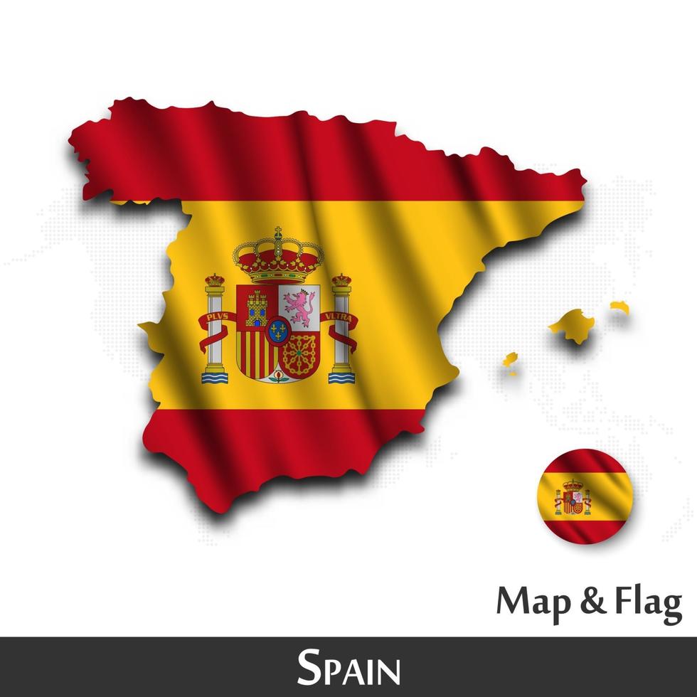 Spanien-Karte und Flagge. winkendes Textildesign. Punkt Weltkarte Hintergrund. Vektor