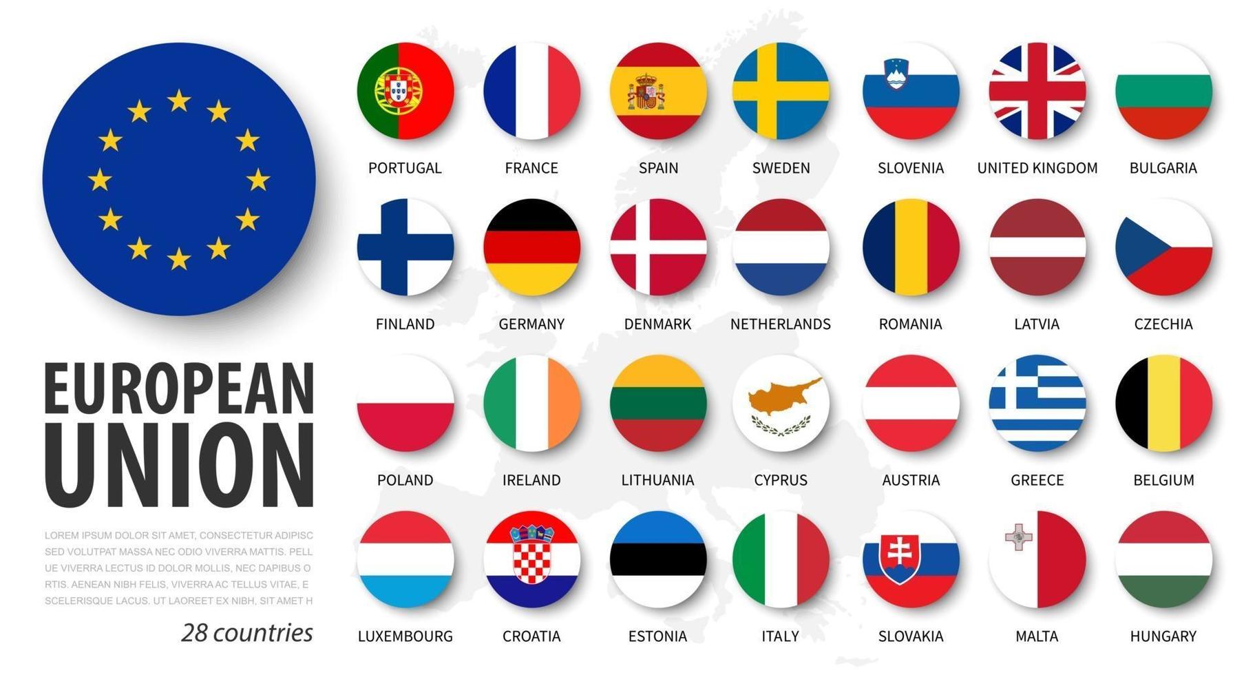 europeiska unionen . eu- och medlemsflaggor. platt cirkel element design. vit isolerad bakgrund och europakarta. vektor .