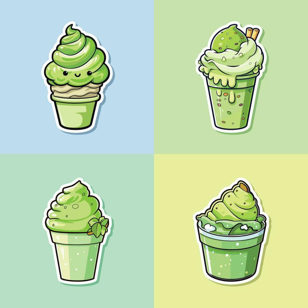 Grün Tee Matcha Eis Sahne Aufkleber cool Farben kawaii Clip Kunst Illustration Sammlung vektor