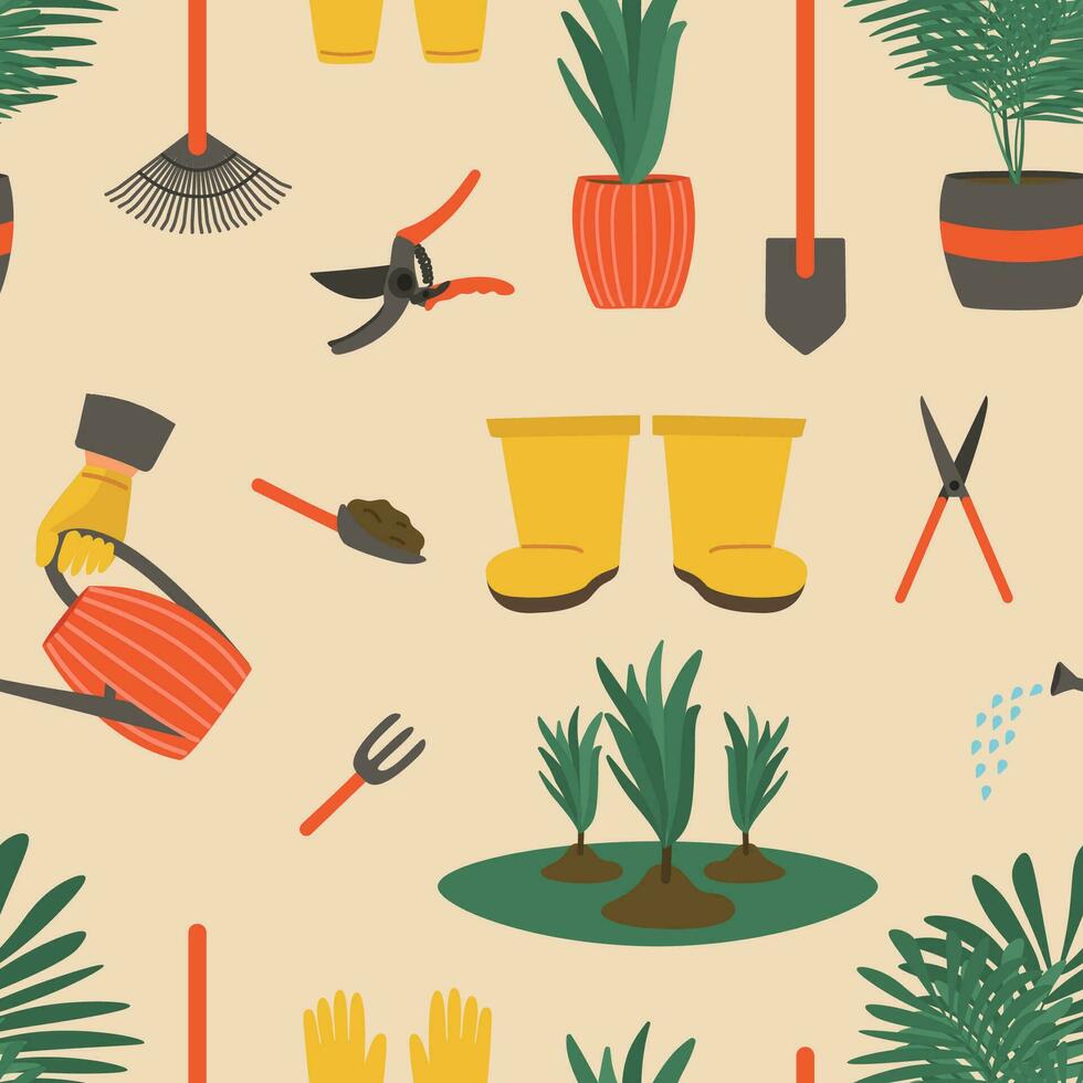 sömlös mönster av trädgårdsarbete verktyg och Utrustning i en söt platt ritad för hand stil vektor
