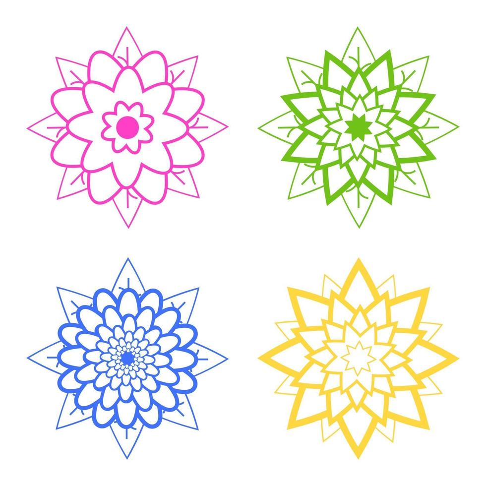 uppsättning av fyra abstrakta silhuetter av blommor i blått, rosa, grönt, gult. vektor