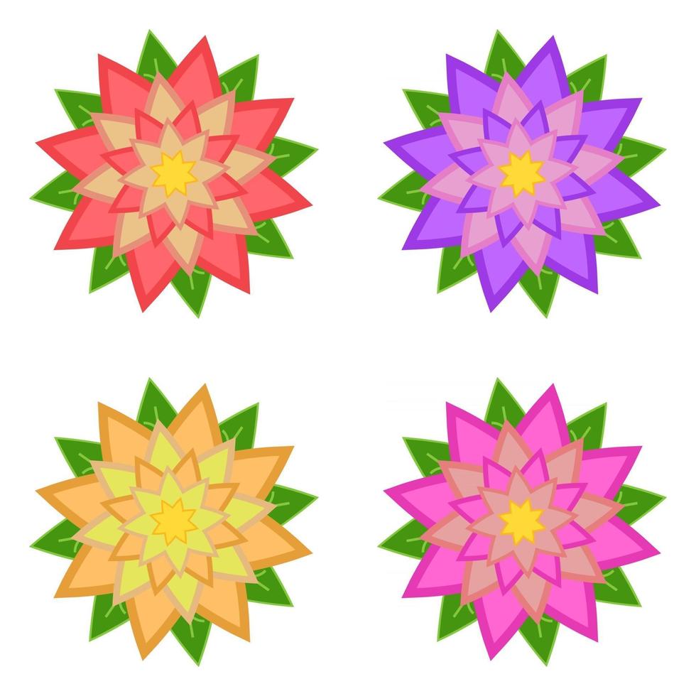 Satz von roten, lila, gelben, rosa Blüten mit grünen Blättern, isoliert auf weißem Hintergrund. vier Möglichkeiten. geeignet für Gestaltung. vektor