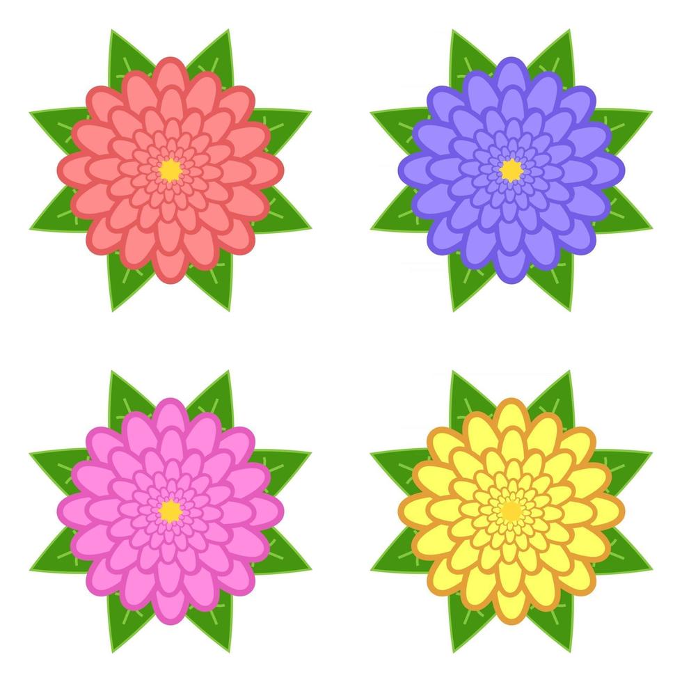 uppsättning röda, lila, gula, rosa blommor med gröna blad, isolerad på vit bakgrund. fyra alternativ. lämplig för design. vektor