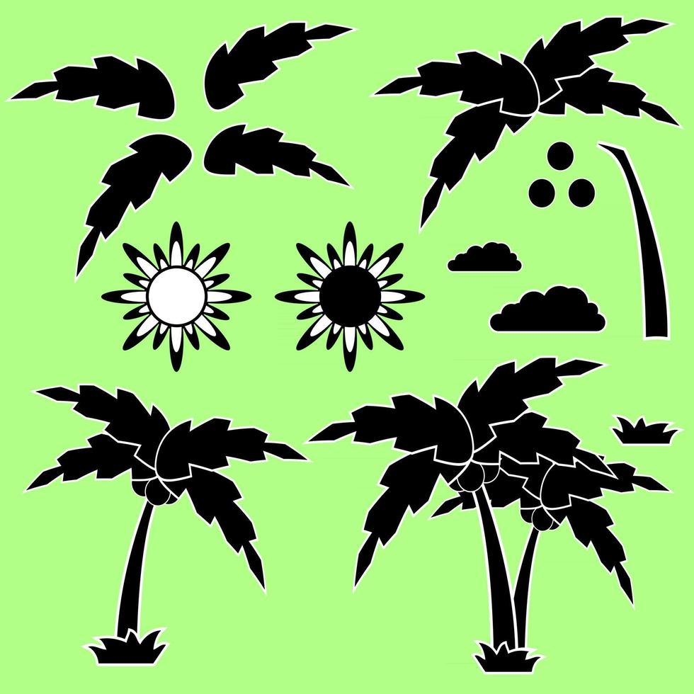 Satz Silhouetten einer Cartoon-Palme mit Sonne, Wolken und Gras vektor