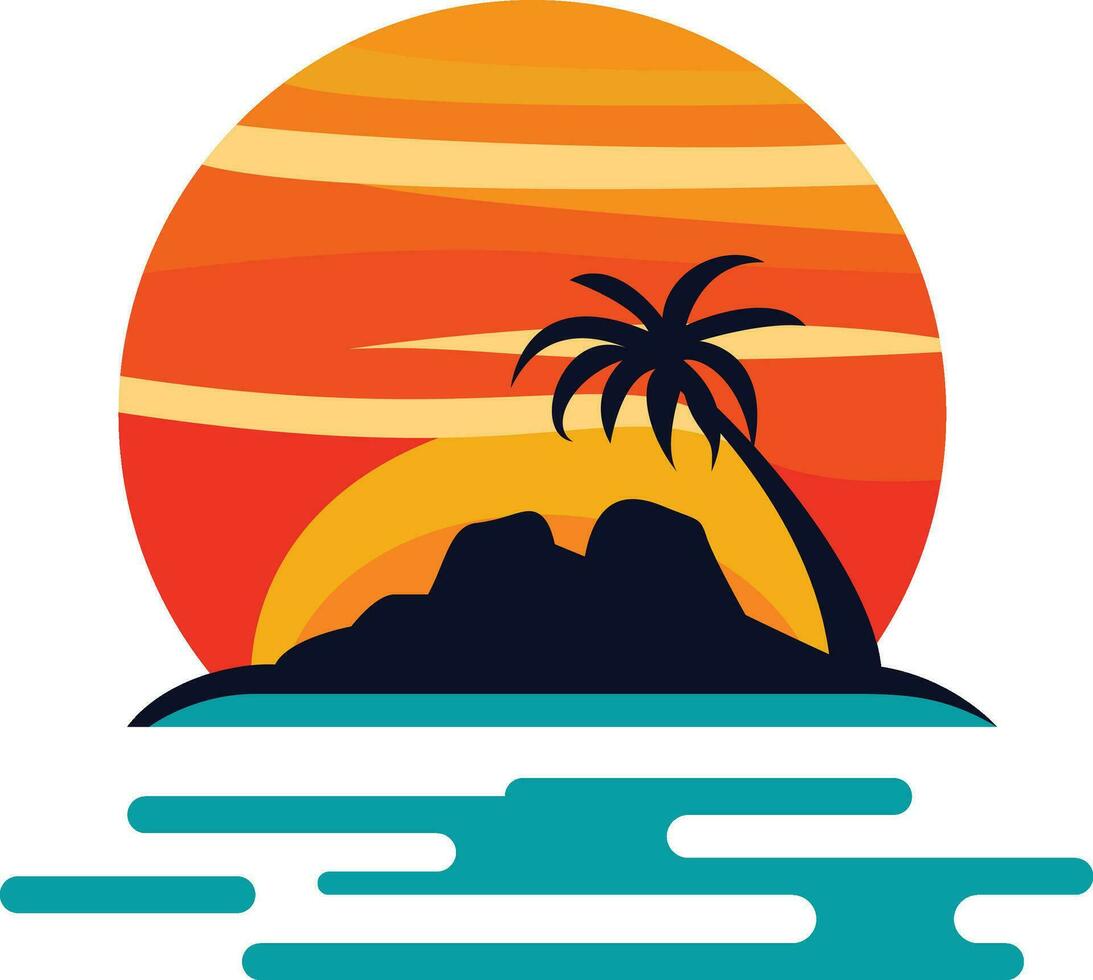 Sonne Strand Insel Kokosnuss Baum Logo Vorlage Lager Vektor Illustration, tropisch Insel Logo Vorlage, Sonnenuntergang oder Sonnenaufgang , Insel mit Palme Bäume und Strand Lager Vektor Bild