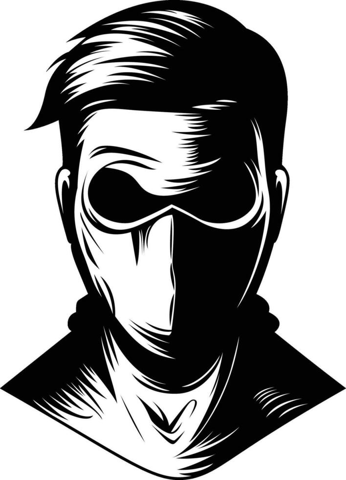 maskiert Mann Kopf Vektor Illustration, Mann tragen ein Maske, unheimlich , Dieb oder Räuber, Attentäter tragen ein Maske , Gesicht bedeckt schwarz und Weiß Lager Vektor Bild