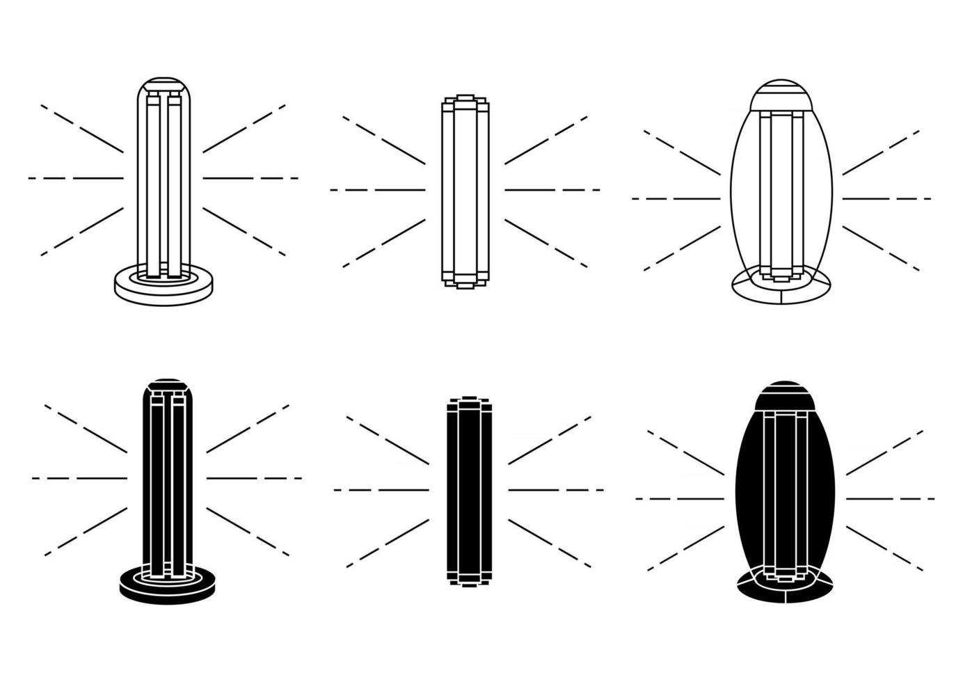 UV-C-Sterilisator-Zeichen. Symbole für die Desinfektion von UV-Licht. Set von UV-Sterilisationslampen. ultraviolette keimtötende Bestrahlung. Oberflächenreinigung, medizinische Dekontaminationsverfahren. Vektor