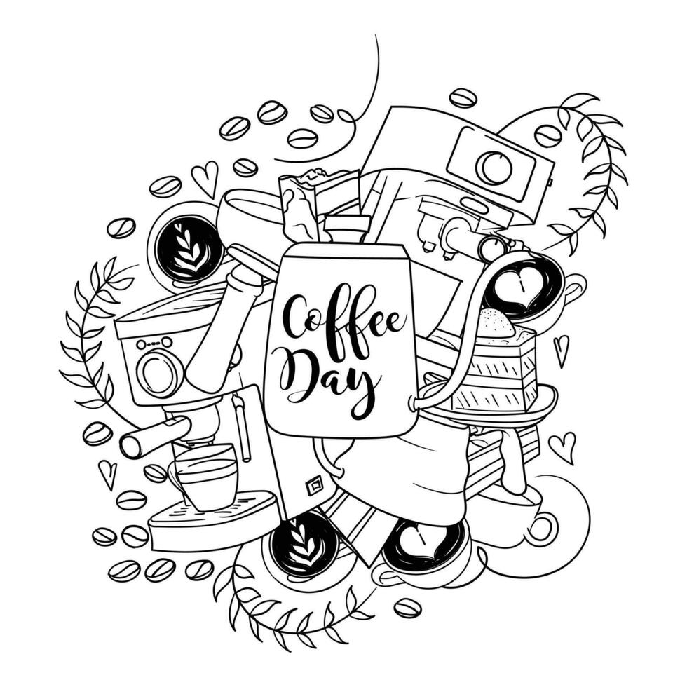 Gekritzel Kunst von Kaffee mit Kaffee Topf und Kaffee Hersteller Werkzeuge im Hand gezeichnet Design zum Kaffee Tag vektor