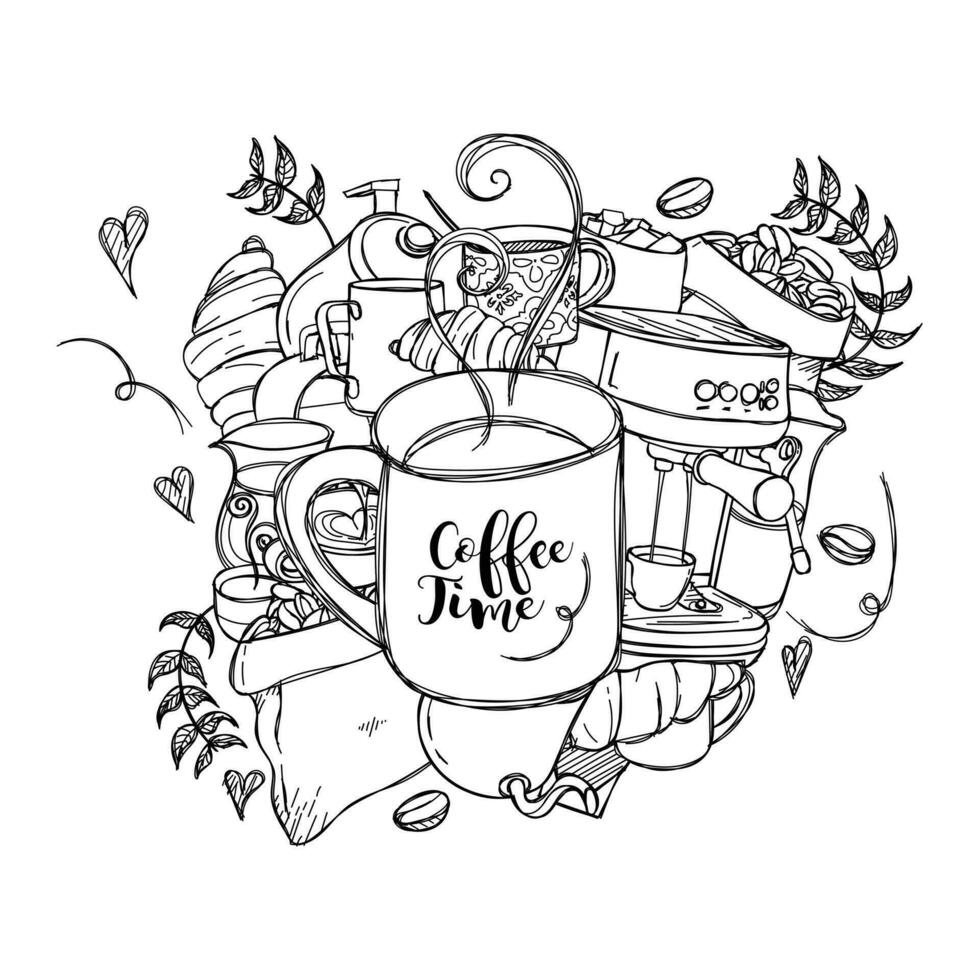 internationell kaffe dag kampanj design i klotter konst med kaffe mugg, croissant, bönor vektor