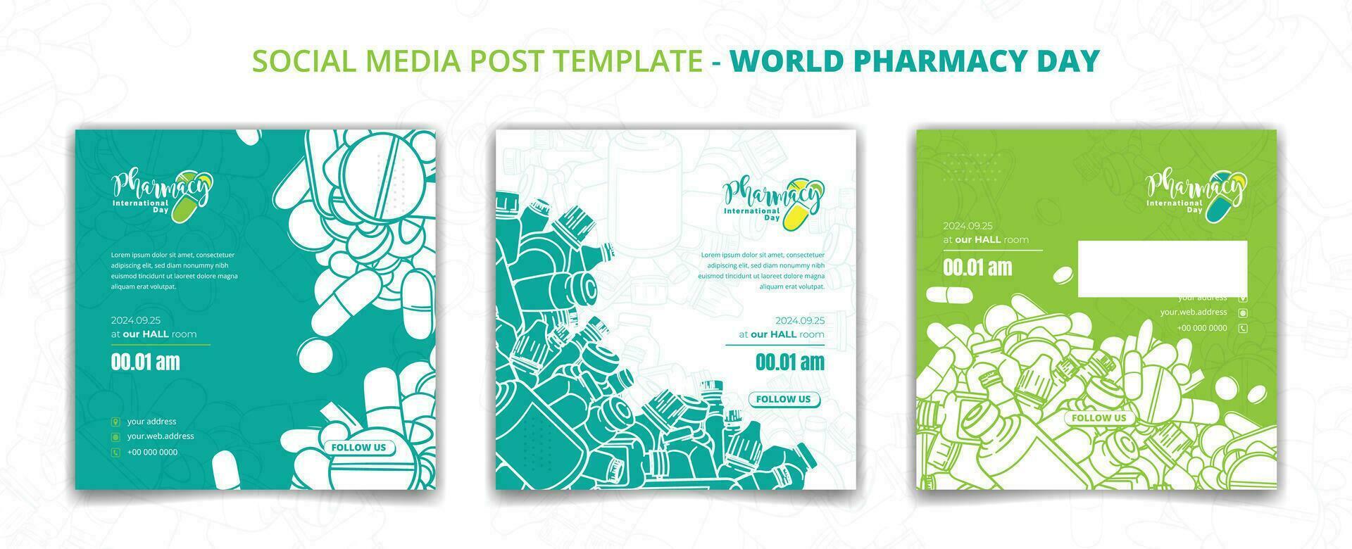 uppsättning av social media posta mall med platt av läkemedel i tecknad serie för apotek dag kampanj vektor