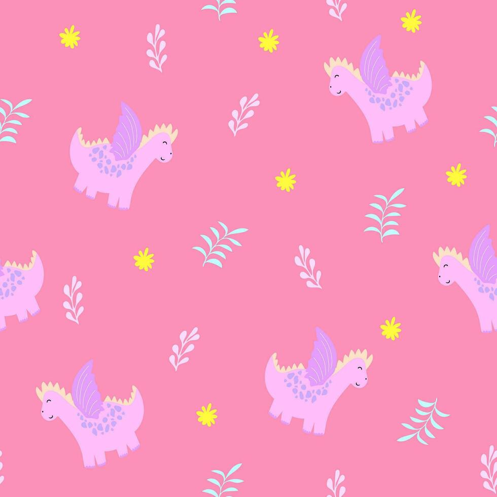 dinosaurie flicka sömlös mönster.hand dragen illustration med rosa drake för barn textil, kläder, accessoarer, födelsedag fest dekor. klotter vektor tecknad serie karaktär skriva ut design kläder