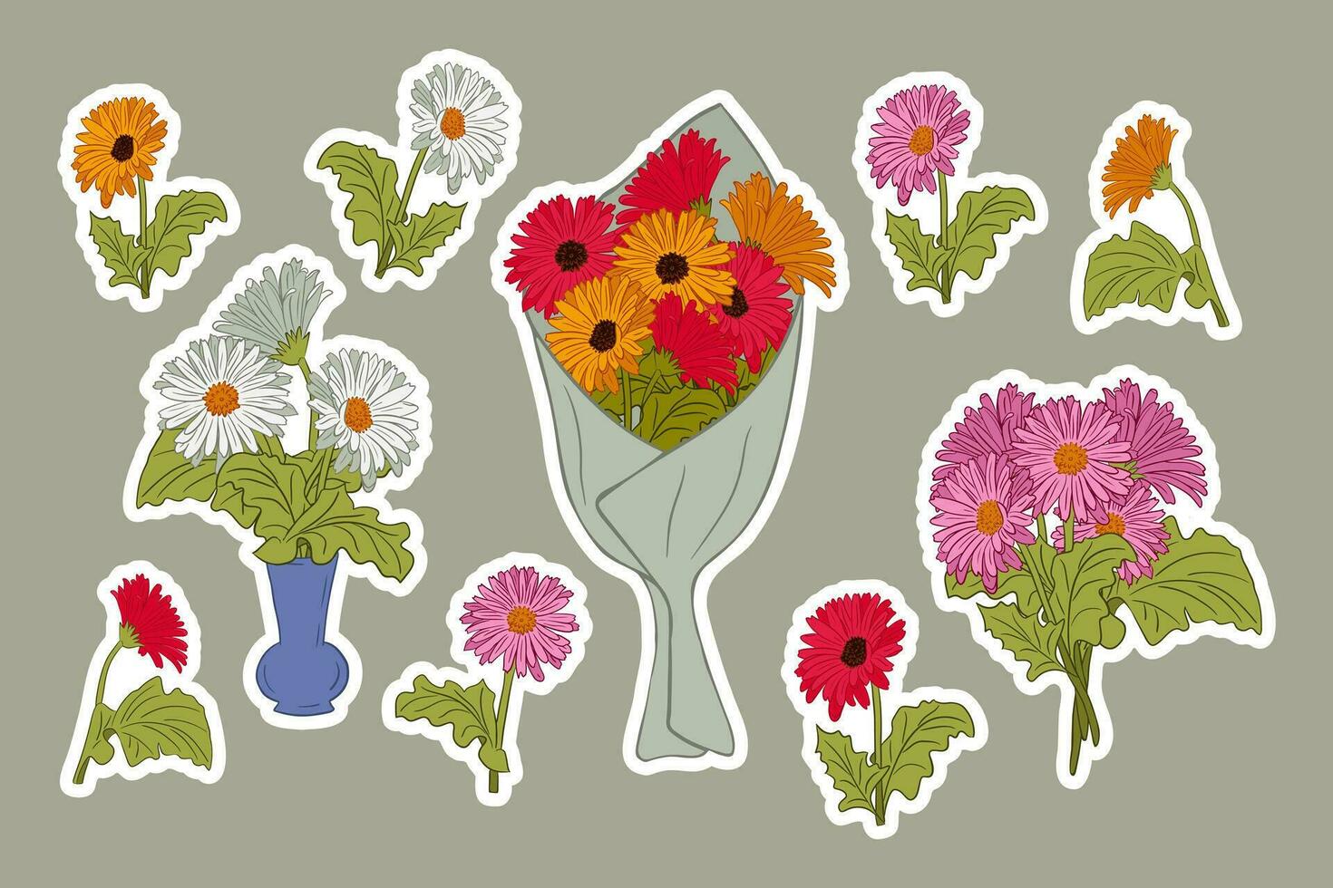 einstellen von bunt Gerbera eben Vektor Aufkleber. Hand drawun isoliert Blumen und und Trauben mit Weiß Umriss. Trauben von Gerbera im Keramik Vase, im Papier und mit Schleife. botanisch einzigartig Design