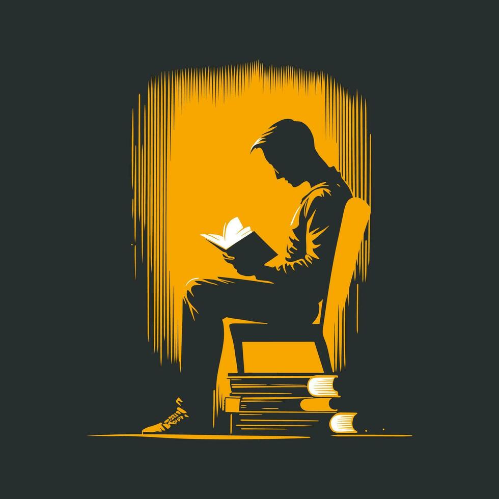 Vektor Illustration von ein Mann Sitzung lesen Buch. Hand gezeichnet Stil und ist farbig im Orange und schwarz