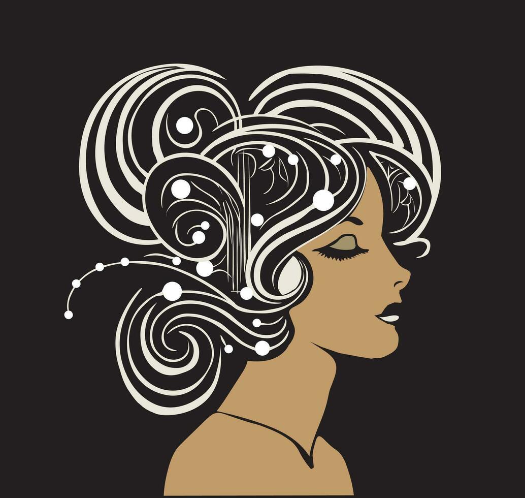 konst nouveau, deco stil illustration av en svart kvinna med virvla runt hår stil, pärla hår accenter vektor