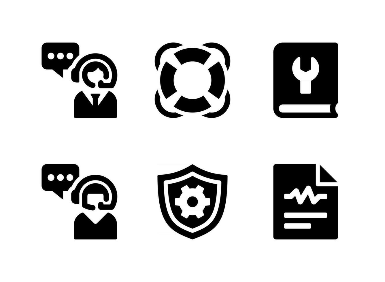 einfacher Satz von Hilfe- und Support-bezogenen Vektor-Solid-Icons. enthält Symbole wie Rettungsring, Kundenbetreuung, Konfiguration und mehr. vektor