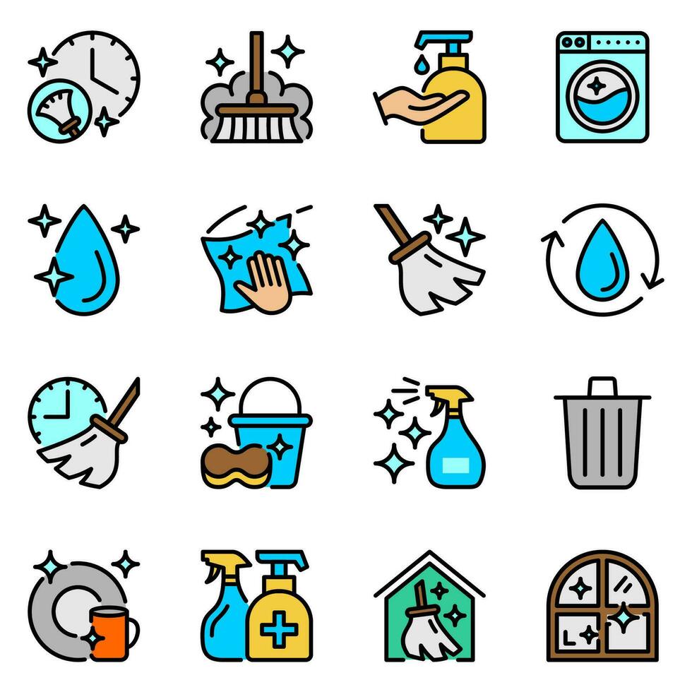 rengöring Färg linje ikoner uppsättning. tvätta, spray, stroke, damm, hygien, översikt, trasa, hembiträde, släppa, flytande, service, fönster, borsta, verktyg, hushållning, smutsig, tvål, tvättning, mopp, hushåll, arbete, bricka vektor