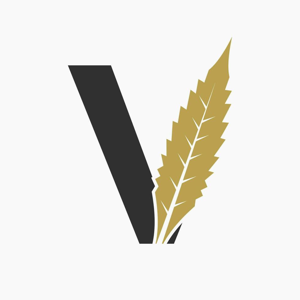 brev v cannabis logotyp begrepp med marijuana blad ikon vektor