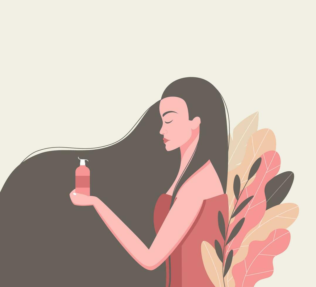 hud vård begrepp. skön ung kvinna i stor löv med ljus hud och brun hår. flicka innehav kropp grädde i henne hand. trendig platt stil. vektor illustration.