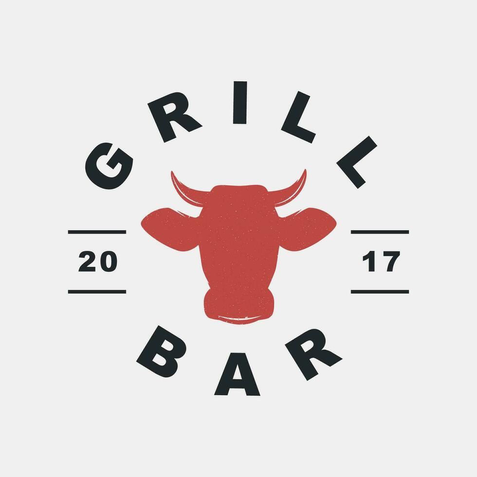 Grill Bar Logo, Etikett, Abzeichen, Zeichen, Emblem zum Grill, Grill Restaurant, Steak Haus, Fleisch speichern. modern Bürste Kalligraphie. Jahrgang retro Stil. Vektor Illustration.