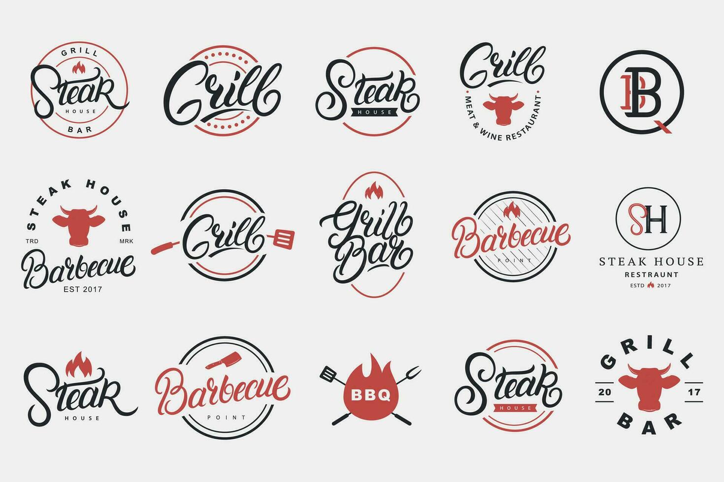 einstellen von Hand geschrieben Beschriftung Logo, Abzeichen, Etikett, Zeichen, Emblem zum Grill und Grill Restaurant, Cafe, Lebensmittel Geschäft, Steak Haus. modern Kalligraphie. Jahrgang Typografie. Vektor Illustration.