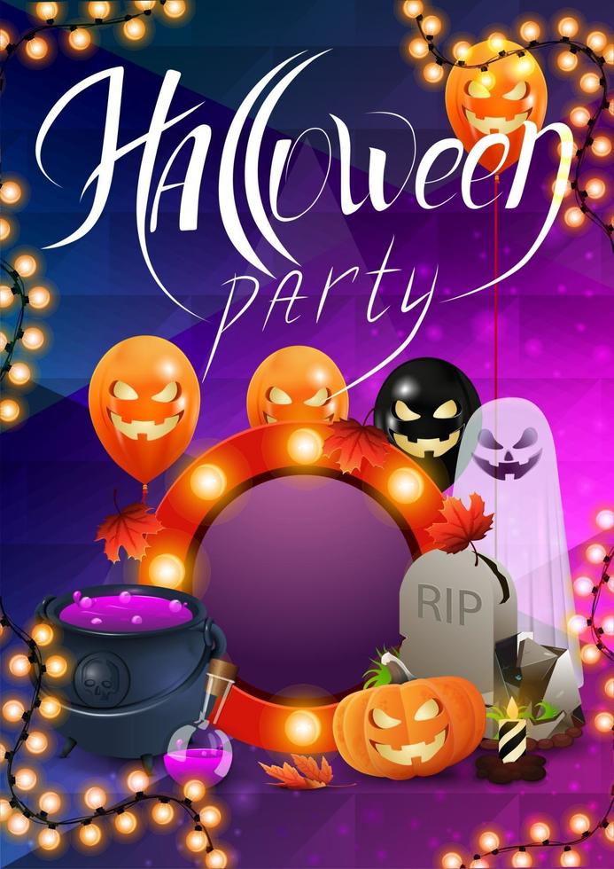 halloweenfest, vacker modern affischlayout redo att skriva ut med spöke, jack pumpa, ballonger, gravsten, krans, häxkittel och dryck. vektor