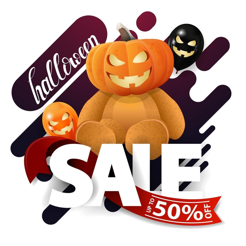 Halloween-Verkauf, Rabatt-Webbanner mit Teddybär mit Kürbiskopf. abstrakter Spritzer, flüssige Form, Wasserwelle. vektor