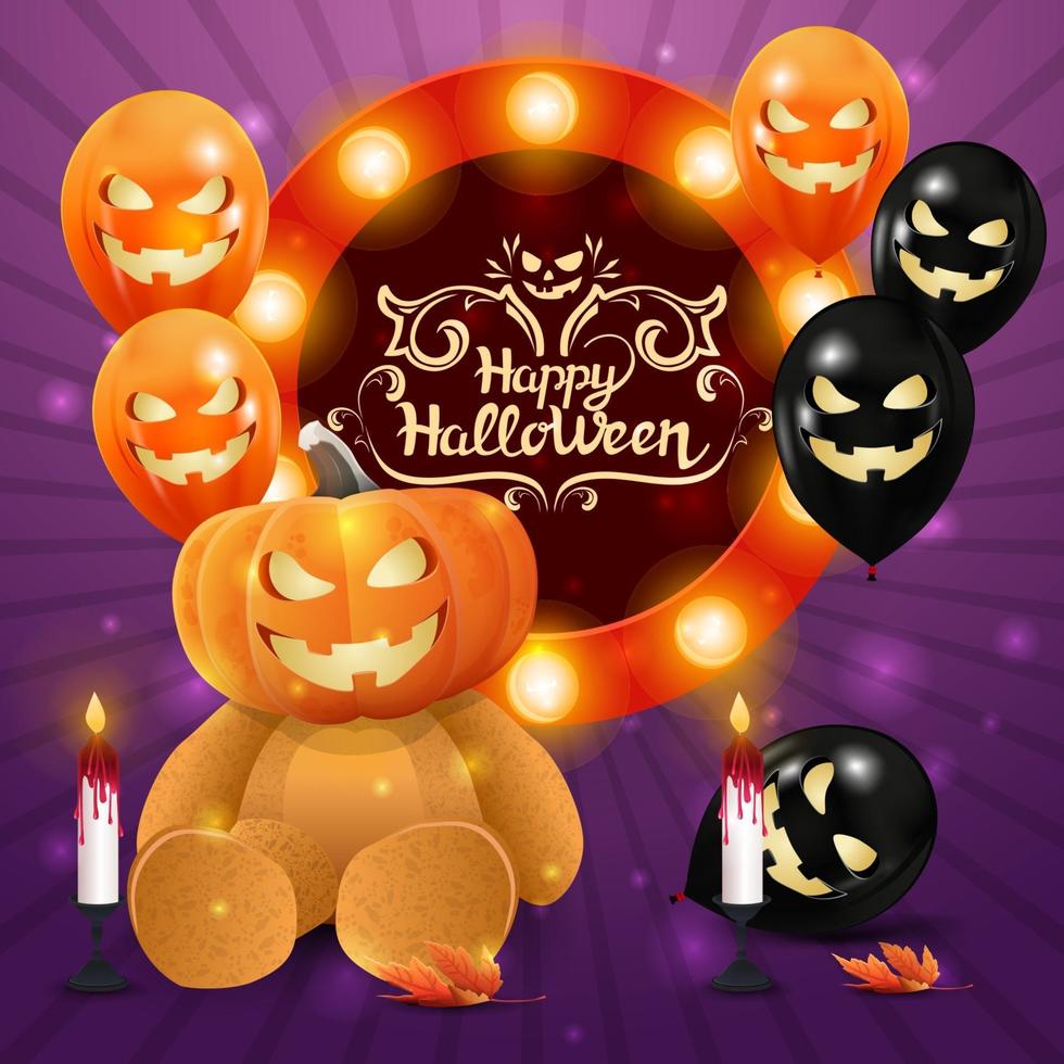 Happy Halloween, quadratische lila Vorlage mit Helloween Ballons, Girlande, Kreisschild mit Glückwünschen und Teddybär mit Kürbiskopf vektor