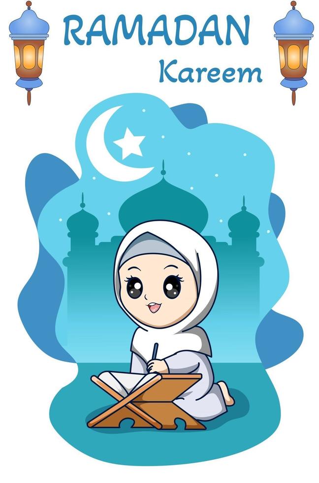 muslimisches mädchen, das ein buch bei ramadan kareem karikaturillustration liest reading vektor