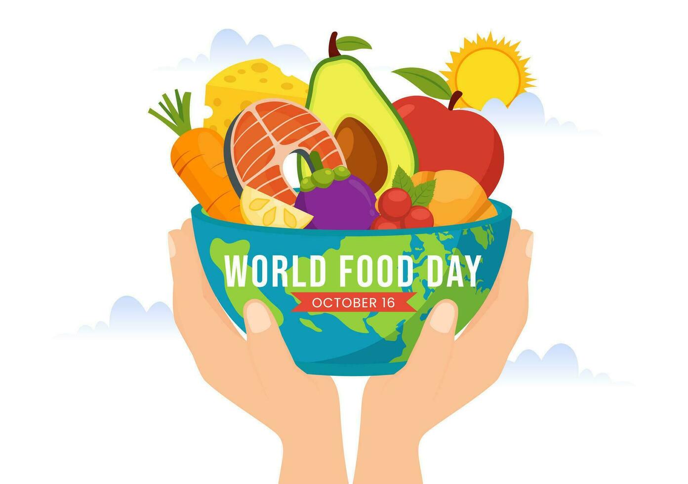 Welt Essen Tag Vektor Illustration auf 16 Oktober mit verschiedene Lebensmittel, Obst und Gemüse im eben Karikatur Hand gezeichnet Hintergrund Vorlagen