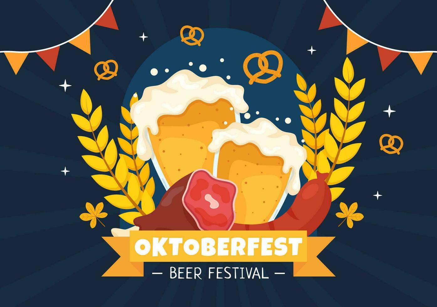 Lycklig oktoberfest fest festival vektor illustration med öl, korv, pepparkaka, tysk flagga och ets bakgrund platt tecknad serie hand dragen mallar