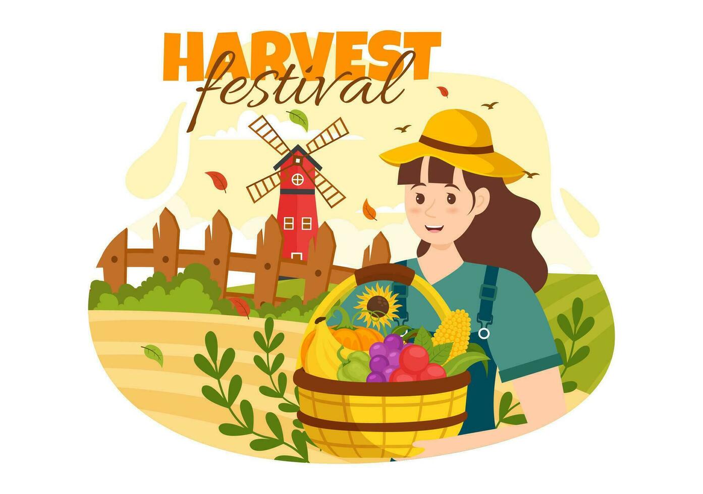 glücklich Ernte Festival Vektor Illustration von Herbst Jahreszeit Hintergrund mit Kürbisse, Ahorn Blätter, Früchte oder Gemüse im eben Karikatur Vorlagen